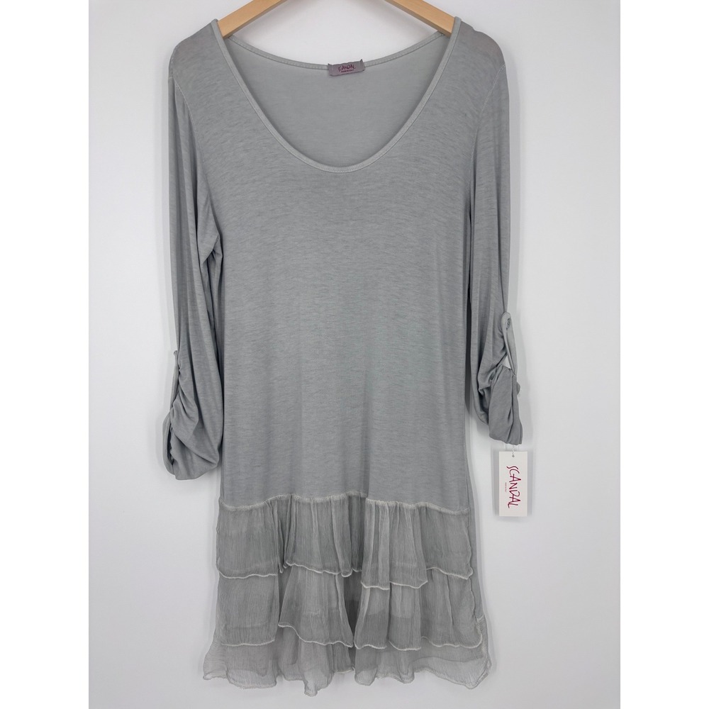 Scandal Tunic Top Womens S (Measured) Gray Ruffle‎ Tiered Lace Italy Lagenlook
